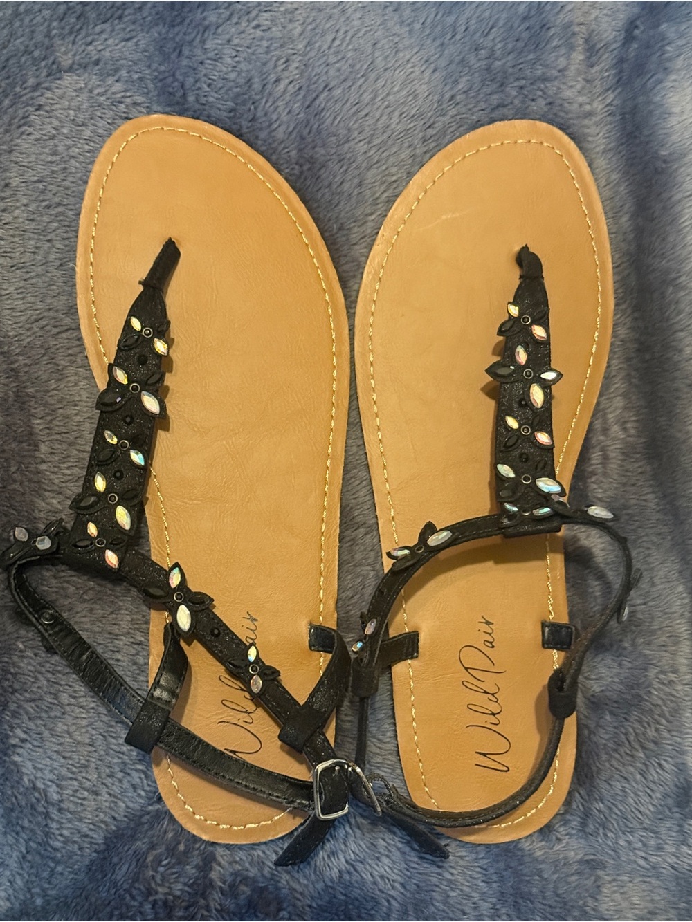 Wild Pair Black Jeweled T-Strap Sandals with Tan Footbed